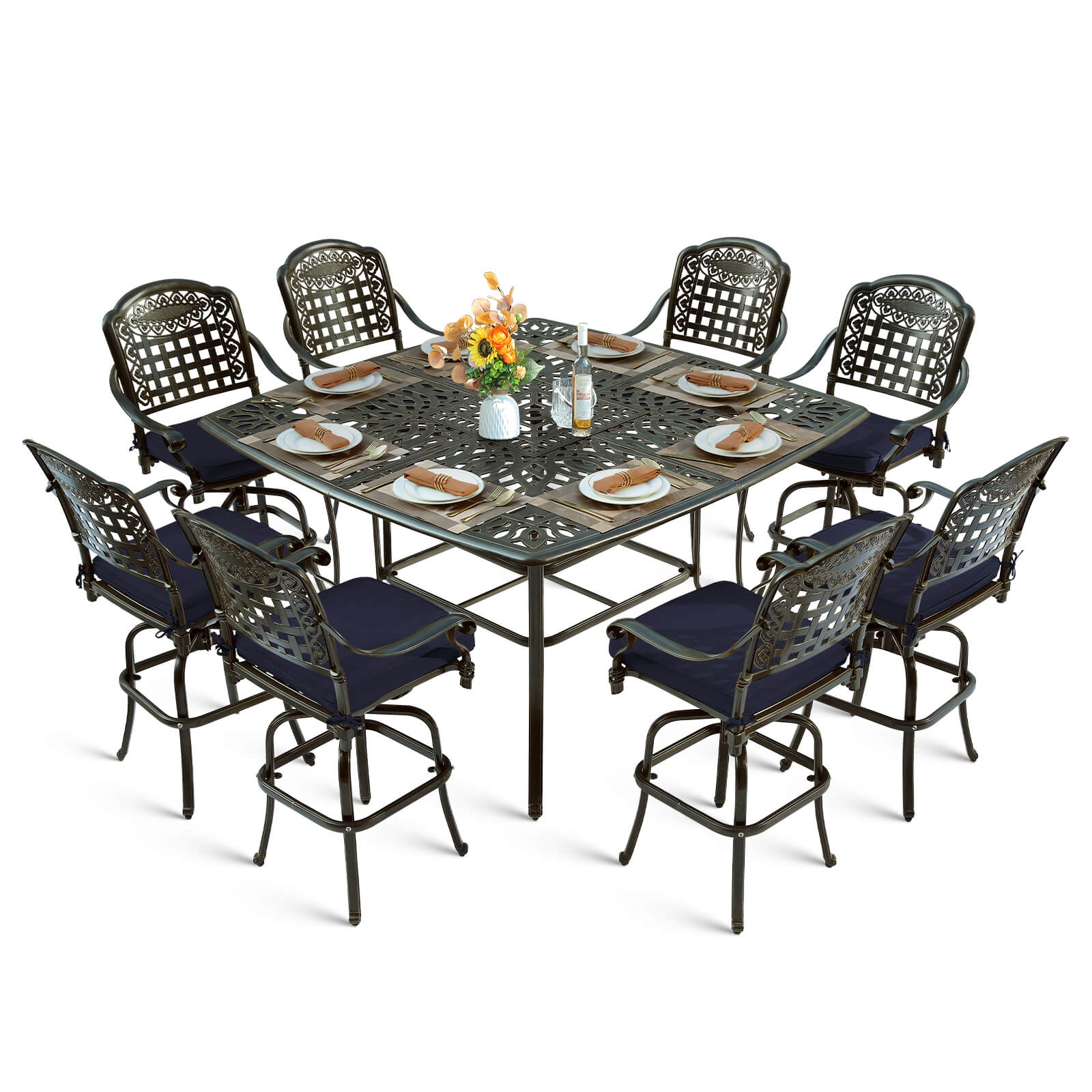 MEETWARM 9-Piece Outdoor Patio Swivel Bar Set, All Weather Cast Aluminum Patio Bar Table and Chairs Set with 8 Cushioned Swivel Bar Stools, Large 64" Square Patio Bar Height Table, 2.2" Umbrella Hole - Image 1