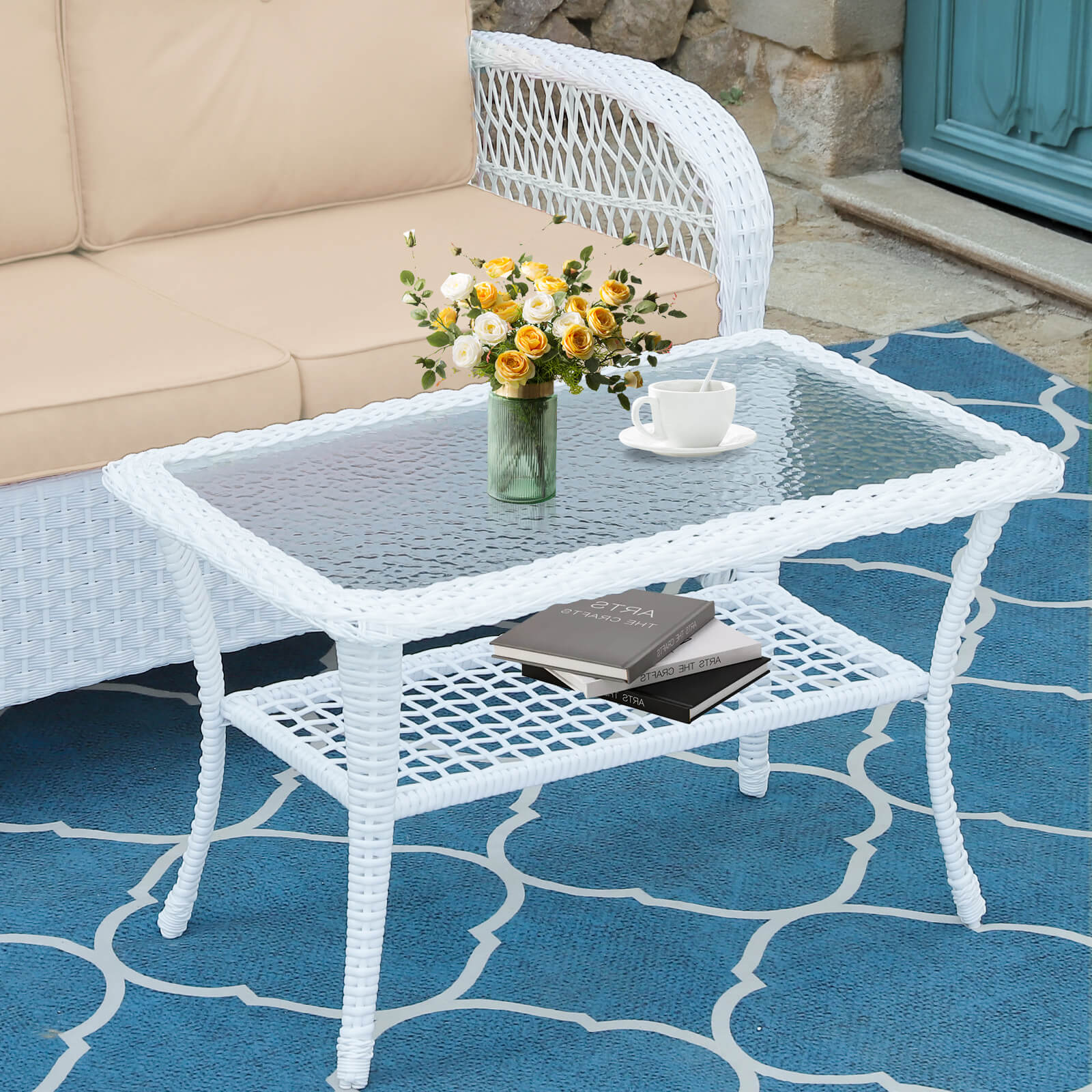 MEETWARM Wicker Patio Coffee Table, 34.5" Rectangle Outdoor Coffee Table with Tempered Glass Top and 2-Tier Storage Shelf, All-Weather Rattan Patio Side Table for Outside Poolside Deck Garden - Image 2