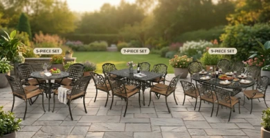 5 piece vs 7 piece dining set, 9 piece outdoor patio set, which patio set size to buy, patio furniture size guide, outdoor dining layout, measure patio space, Meetwarm dining set, real user reviews